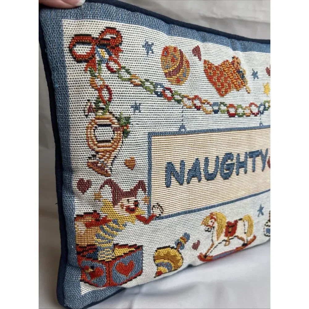 Tapestry Throw Pillow “Naughty” Christmas Decor Regtangular 12”x10”, Toy Motif